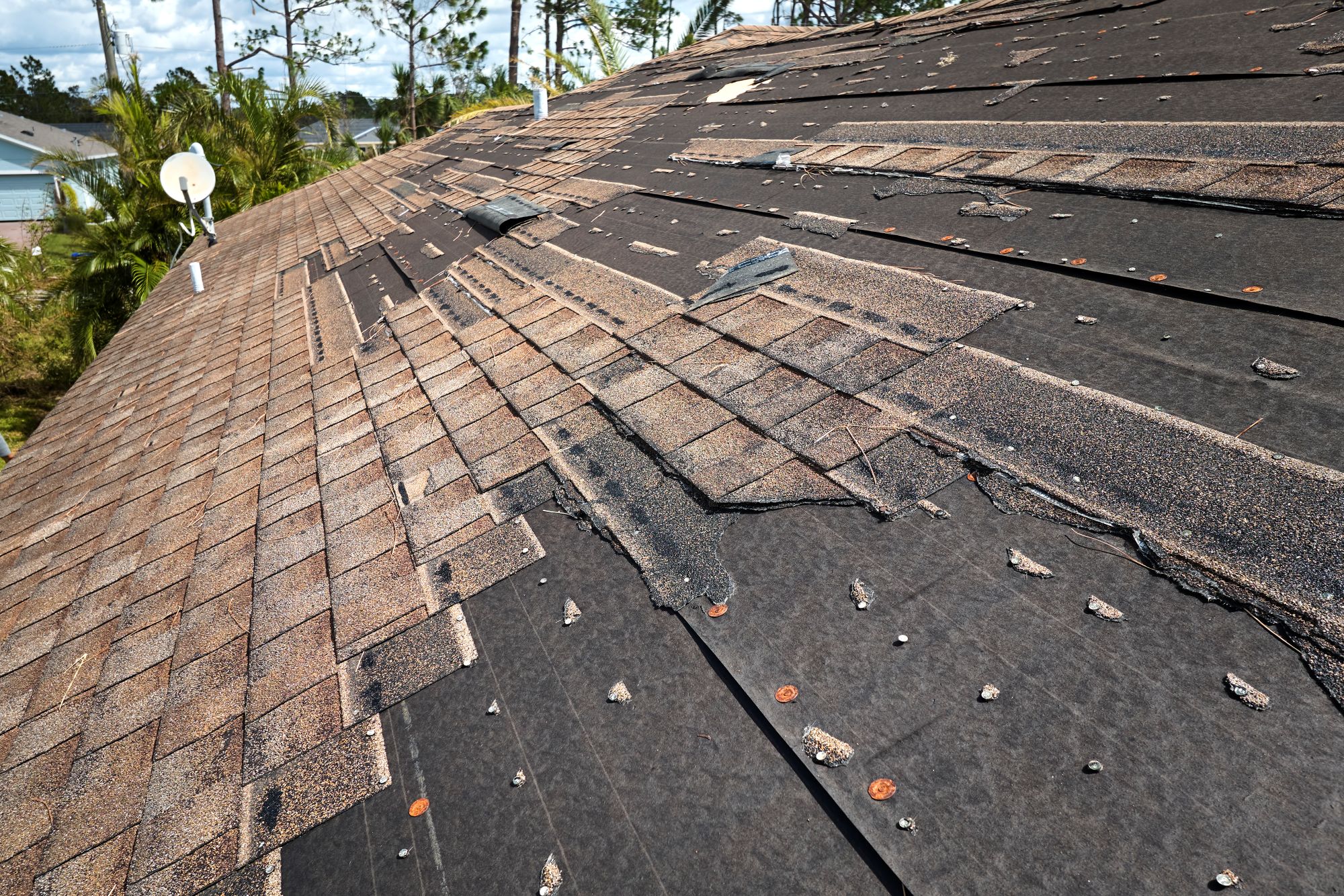 Severe roof damage after a storm